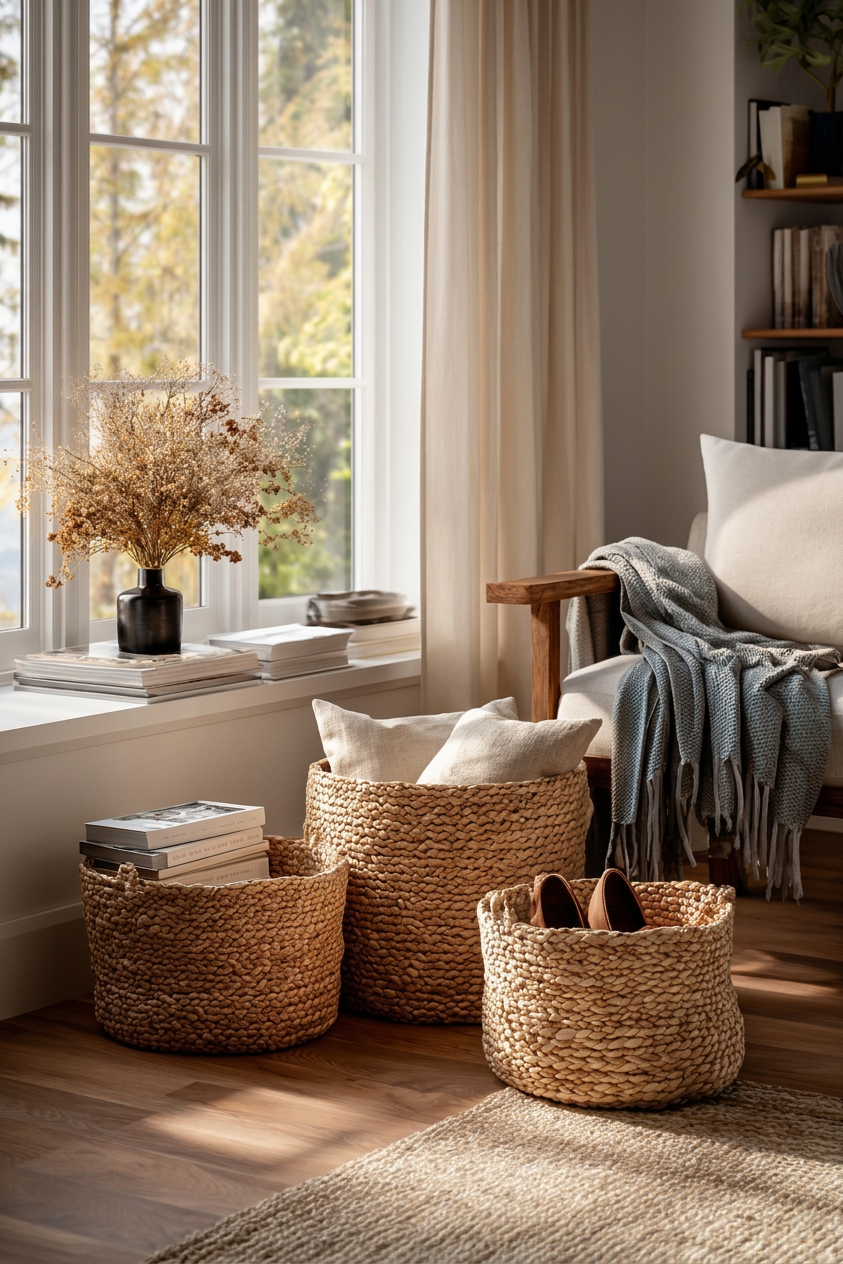Place woven baskets for storage